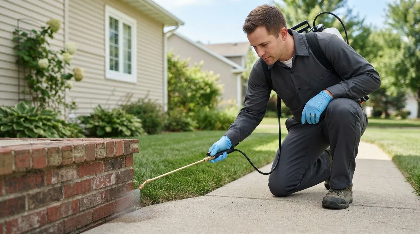 Pest control technician treating a home near Orleans, VT